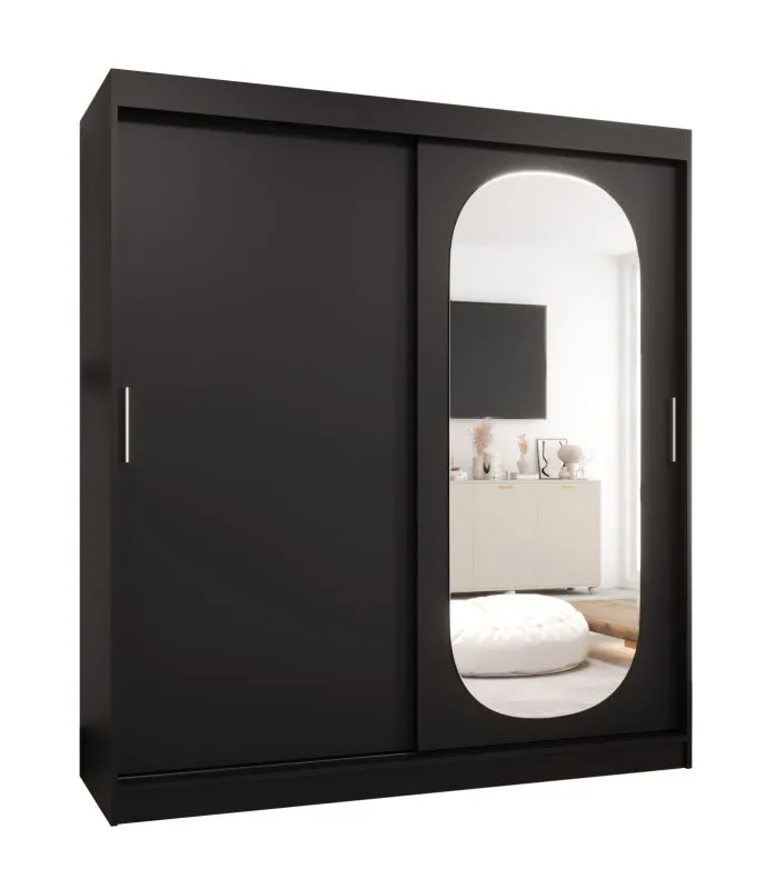 Armoire penderie coulissante Moldoveanu 15 noir | 1,8 m de large | 10 compartiments | miroir ovale | 2 tringles