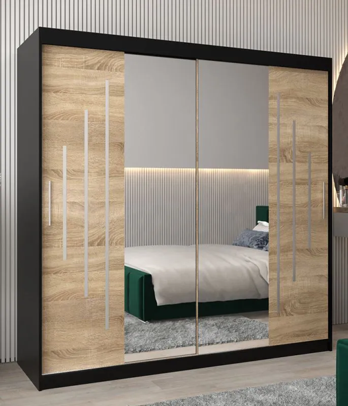 Armoire à portes coulissantes / Penderie avec miroir Tomlis 05A, Couleur : Noir / Chêne de Sonoma - Dimensions : 200 x 200 x 62 cm (H x L x P)