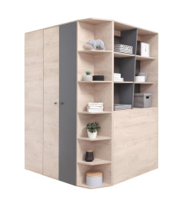 Armoire d’angle adolescente Chiny 01 | Portes battantes | Chêne / Gris | 190 x 135 x 135 cm