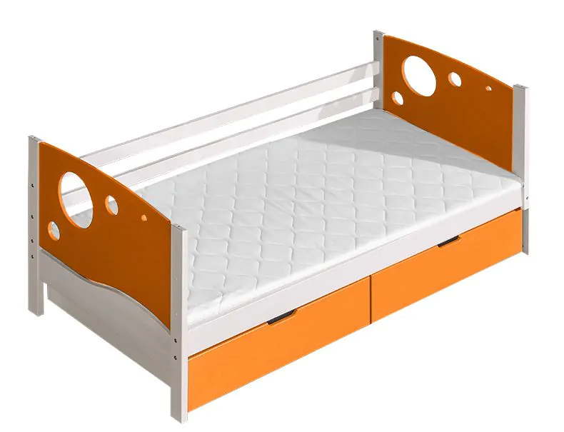Lit d'enfant / lit de jeunesse Milo 26 avec 2 tiroirs, couleur : blanc /  orange, partiellement massif,
